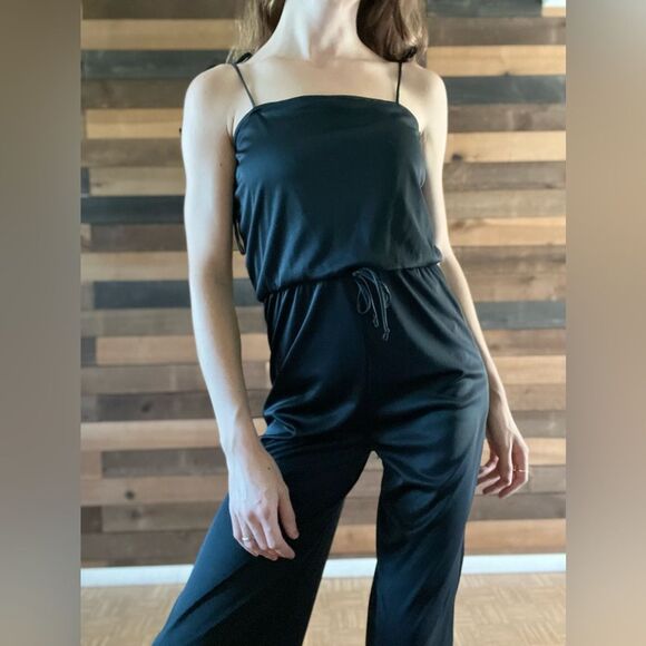 Vintage 70s Union Made Black Disco Jumpsuit Adjustable Straps Zip Back - Picture 3 of 14